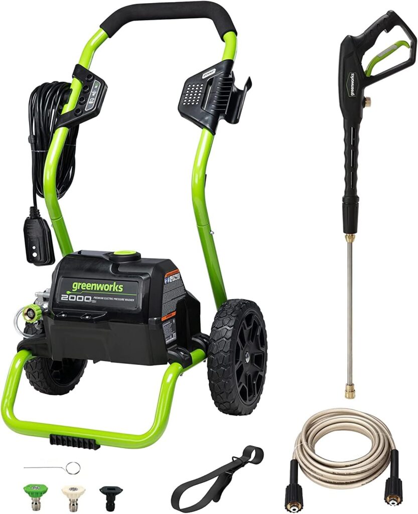 Greenworks 2000 PSI (13 Amp) Electric Pressure Washer (Wheels For Transport / 20 FT Hose / 35 FT Power Cord) Great For Cars, Fences, Patios, Driveways