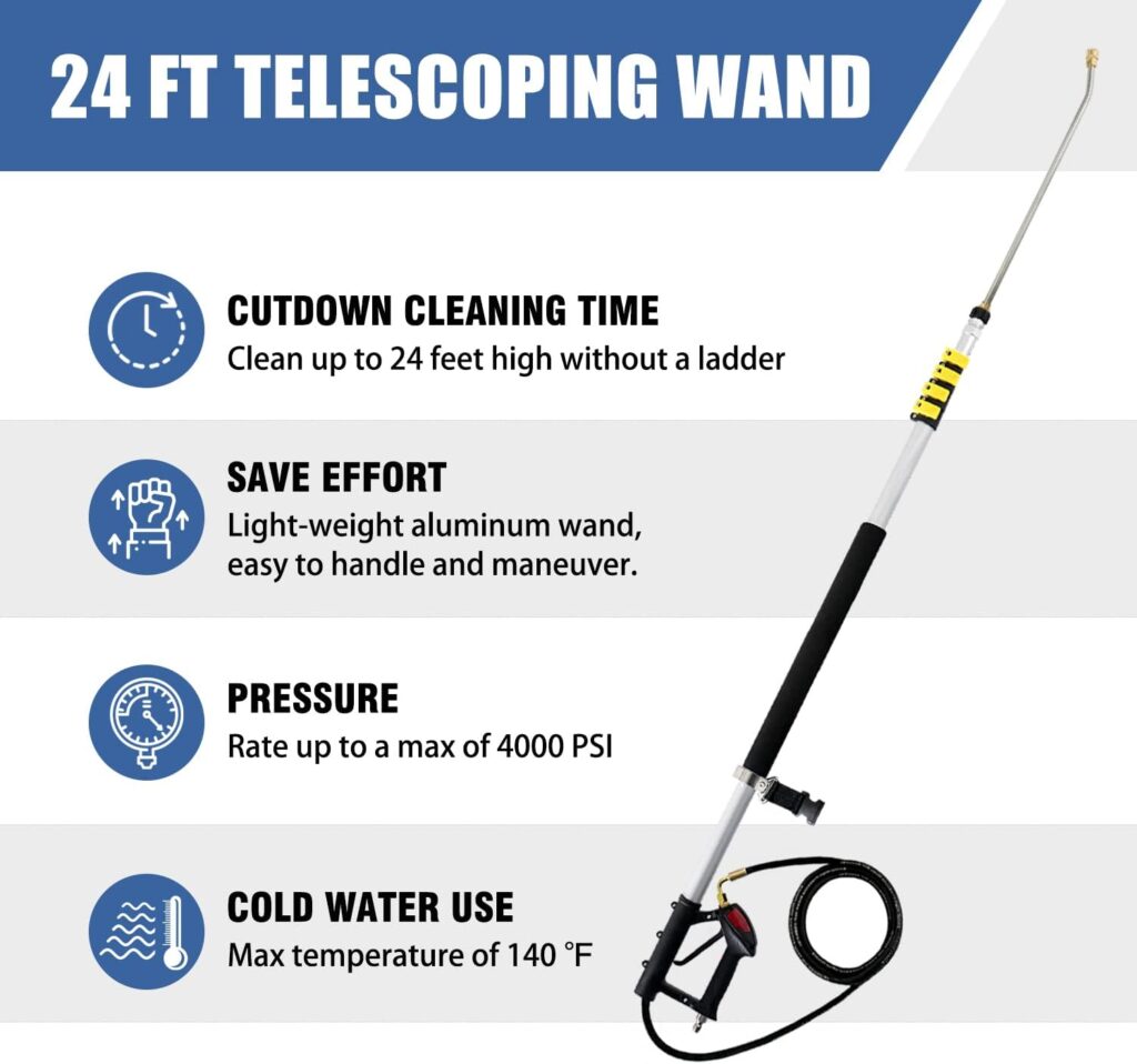 JANZ 24 FT Pressure Washer Telescoping Wand with Power Washer Extension Wands, Brush Head, Gutter Cleaner, 5 Spray Nozzle Tips, 2 Hose Adapters and Support Belt