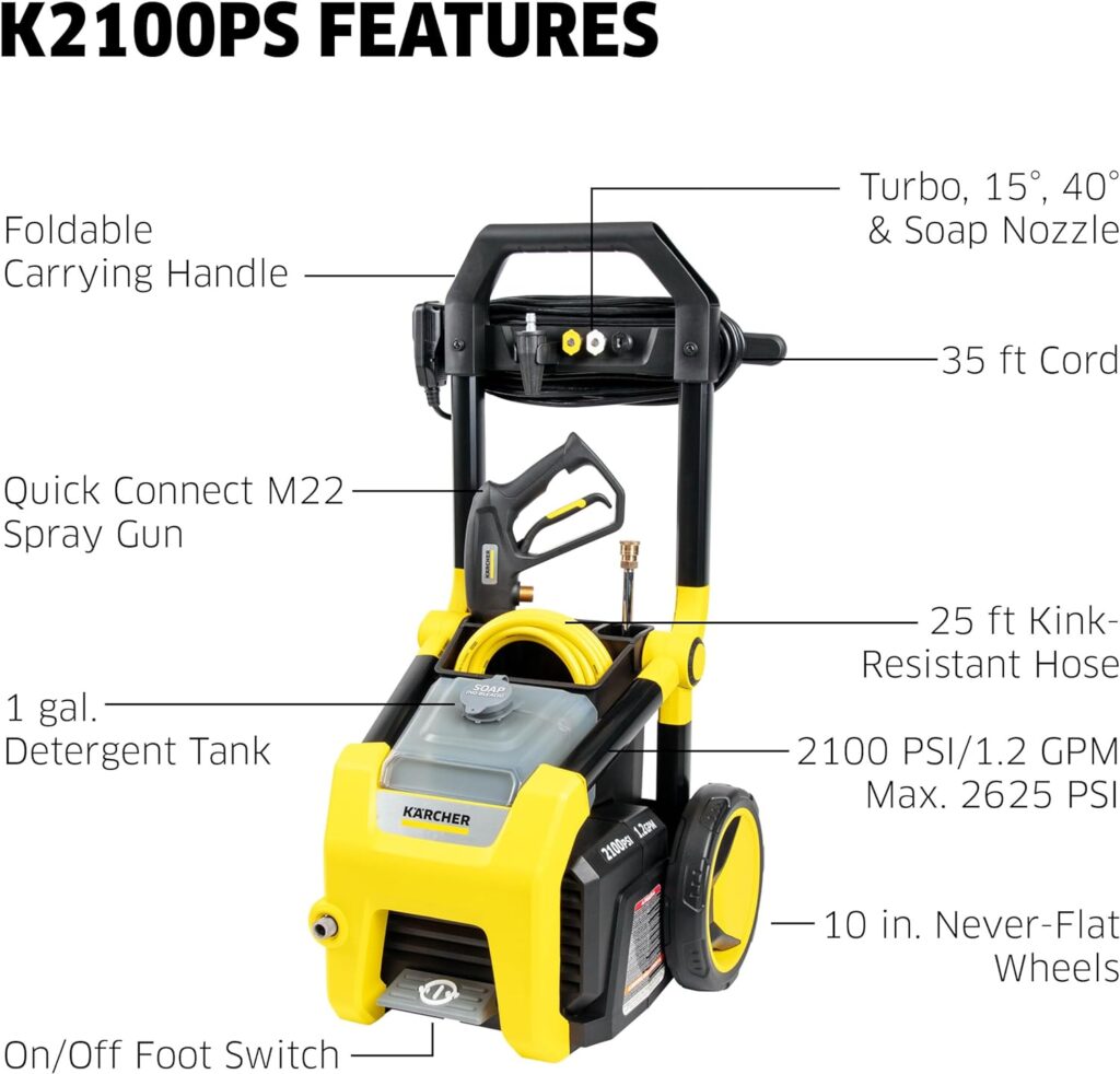 Kärcher K1700 Max 2125 PSI Electric Pressure Washer with 3 Spray Nozzles - Great for cleaning Cars, Siding, Driveways, Fencing and more - 1.2 GPM