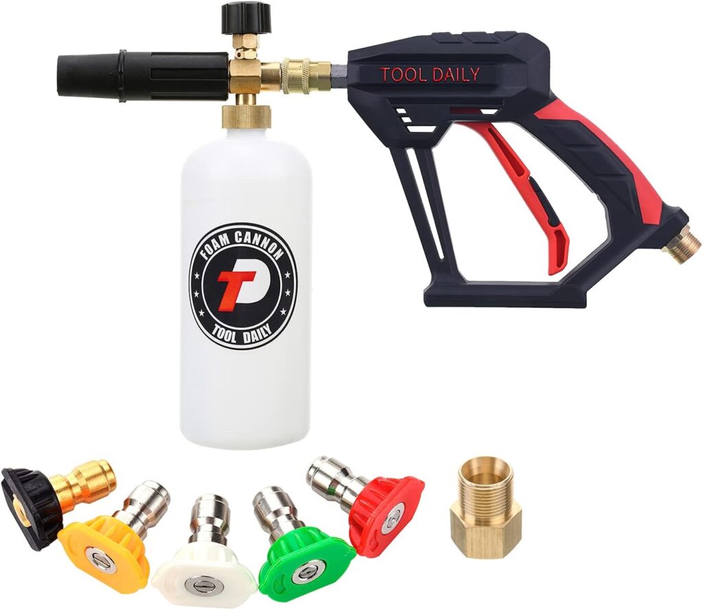 Tool Daily Short Pressure Washer Gun with Foam Cannon, 1/4 Inch Quick Connector, with 5 Pressure Washer Nozzle Tips, 1 Liter