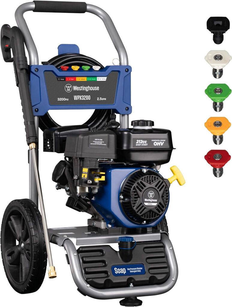 Westinghouse WPX3200 Gas Pressure Washer, 3200 PSI and 2.5 Max GPM, Onboard Soap Tank, Spray Gun and Wand, 5 Nozzle Set, for Cars/Fences/Driveways/Homes/Patios/Furniture